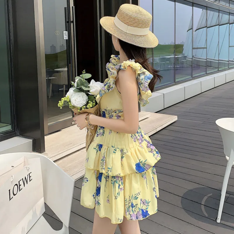 

Vintage Patchwork Ruffle Dress For Women Square Collar Short Sleeve Flower Print High Waist Summer Dresses Female Fashion New