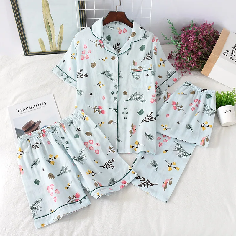 

3Pcs Lovely Fruit Print Summer Thin Women's Pajamas Cotton Homewear Set Short-sleeved Top + Trousers + Shorts Female Sleepwear