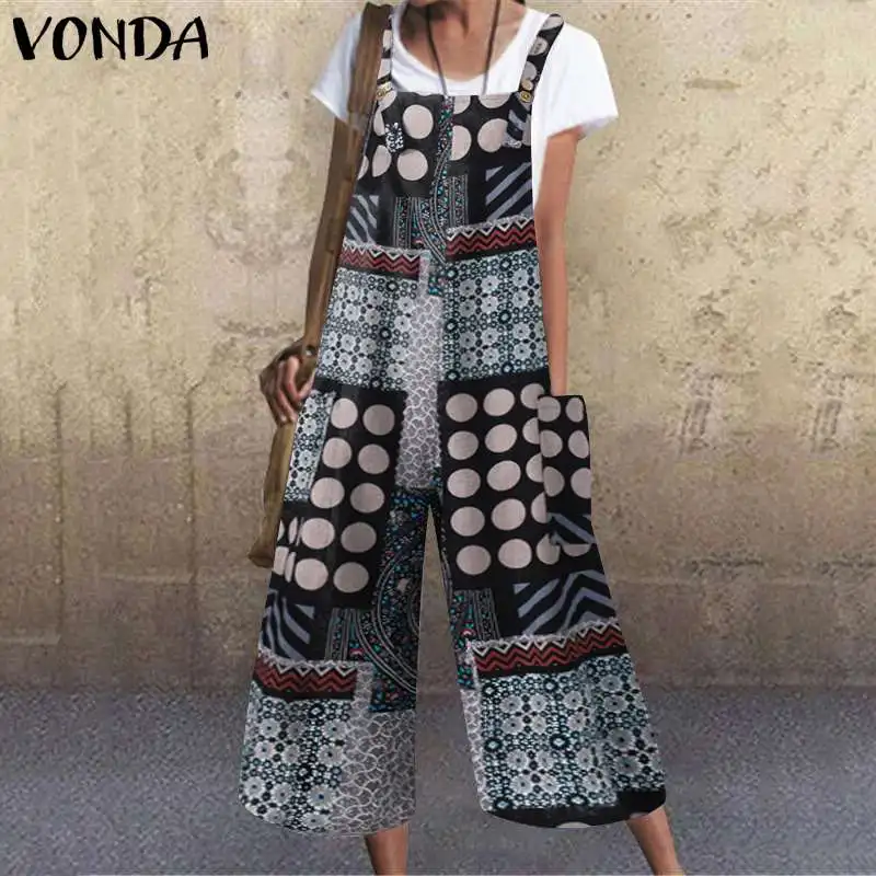 

Женские летние комбинезоны VONDA 2021, пикантные винтажные широкие комбинезоны без рукавов с принтом, кафтан, повседневные свободные праздничн...
