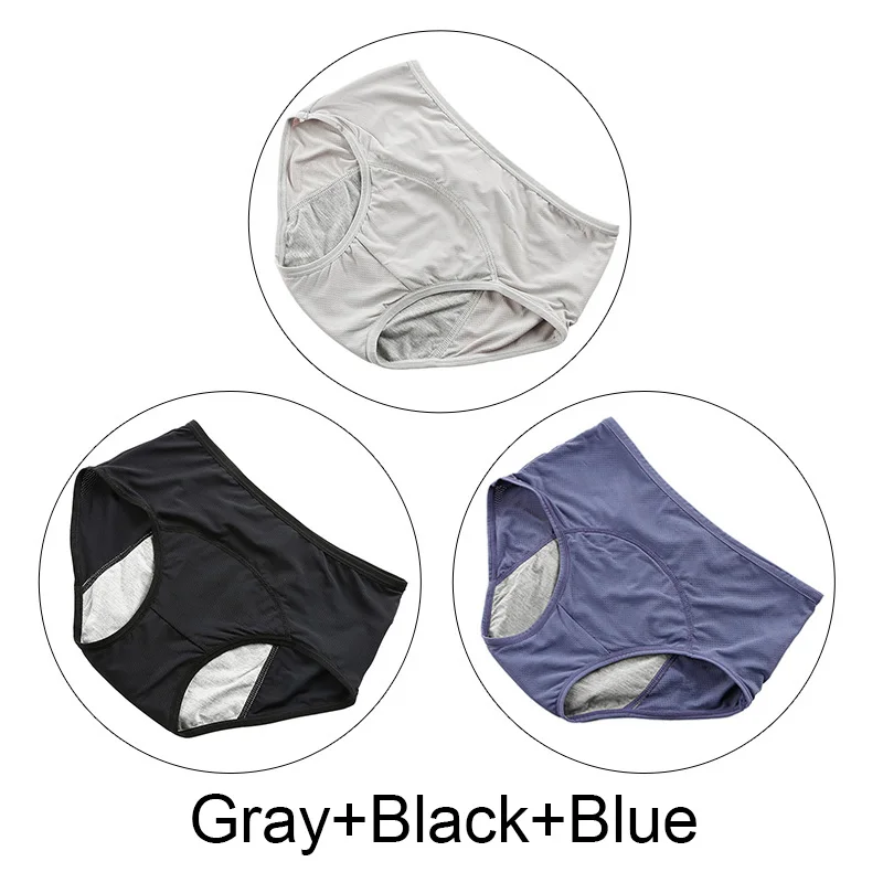 Gray Black Blue 3 шт./лот 5XL плюс Размер менструальные трусики женское нижнее белье хлопок период герметичные трусы период физиологические трусики нижнее белье - Цвет: Gray Black Blue