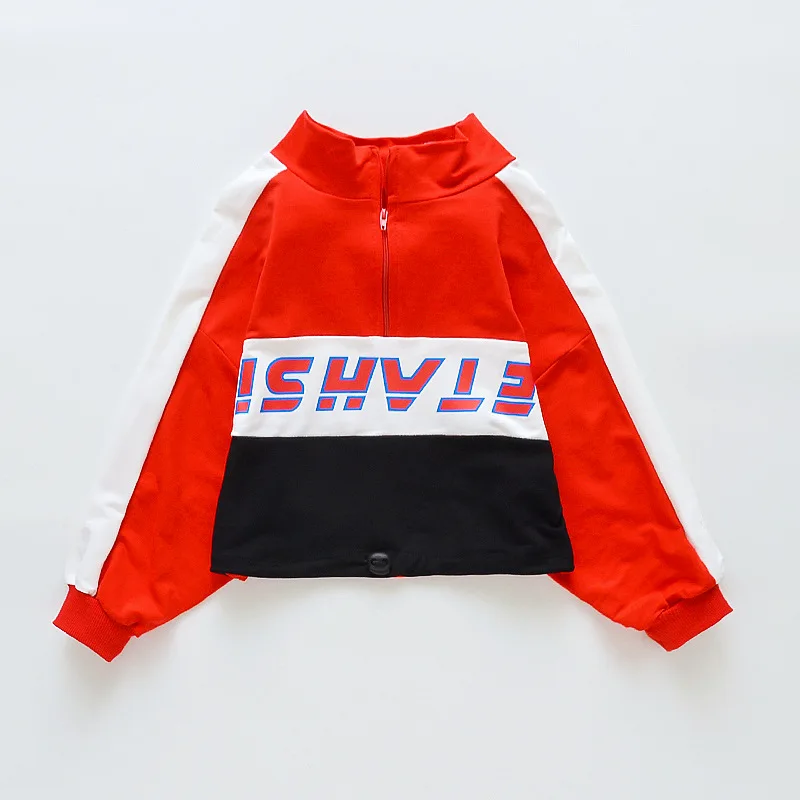 red sweatshirt top Детская одежда в стиле хип-хоп короткий свитер с высокой горловиной, рубашка Топ, укороченные повседневные штаны для бега для девочек, костюм для джазовых танцев уличная одежда - Цвет: red sweatshirt top
