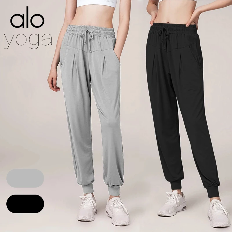 

Alo Yoga Women European Spring Autumn Black Ice Silk Casual Pants Running Sports Outdoor Fitness Loose Breathable Trousers
