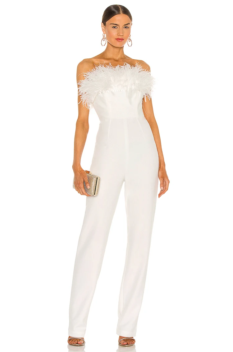 

2022 New Winter Fashion Women White Feathers Jumpsuits Sexy Off Shoulder Full Pants Club Party Wear Elegant Rompers Jumpsuits