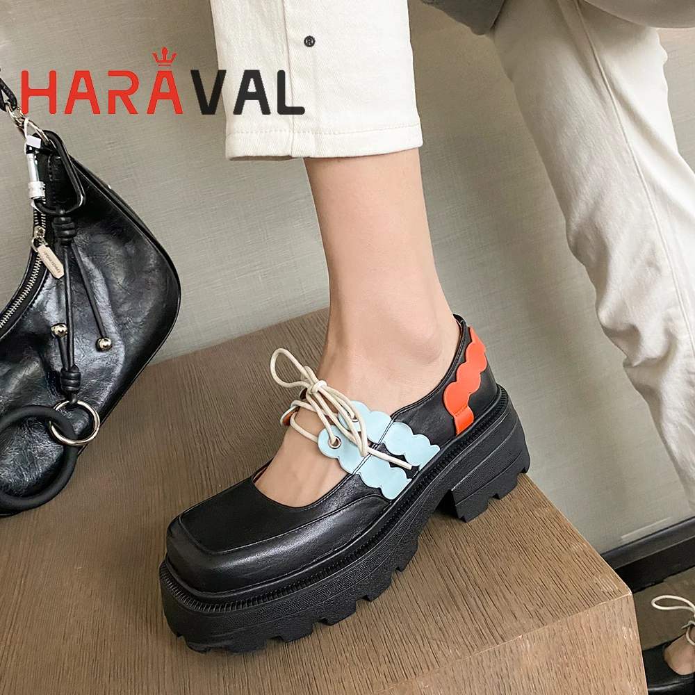 

HARAVAL Women New Design Lace Up Pumps Microfier Leather Thick Heels Platform Waterprof Shoes For Girl Handmade Elegant A33