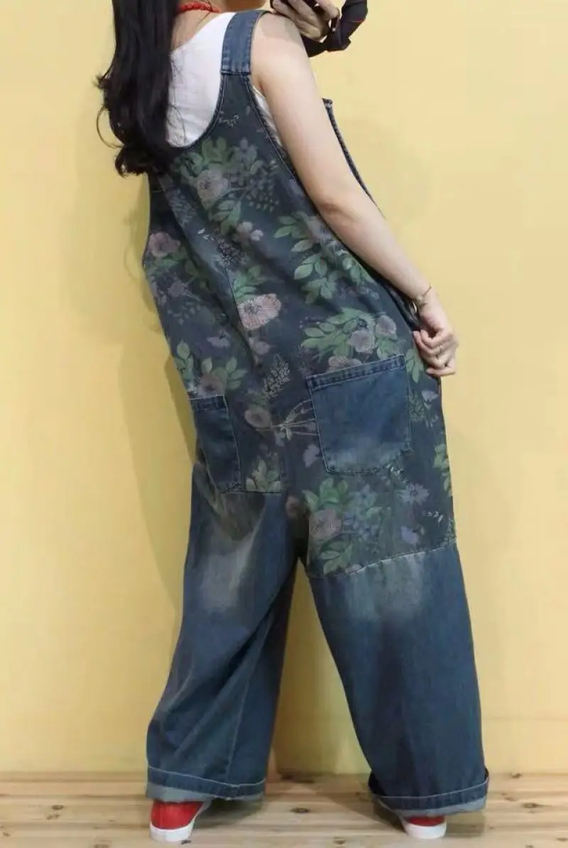 

Women New Casual Personality Wide Leg Jumpsuit Lady 2020 New Retro Stitching Printed Loose Denim Rompers