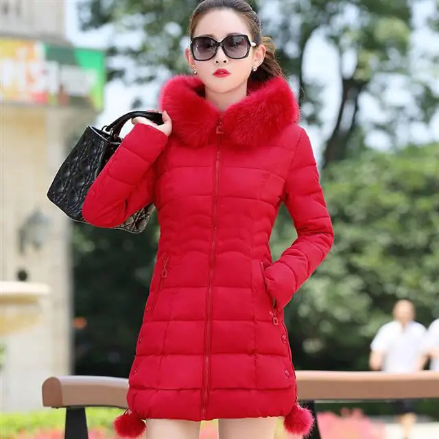 

Off season Warehouse Clearance special price thickened slim fitting cotton padded clothes women's middle long large wool collar