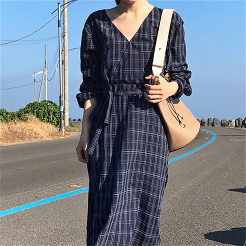 Женское клетчатое платье Colorfaith Модное Элегантное Длинное с поясом на шнуровке