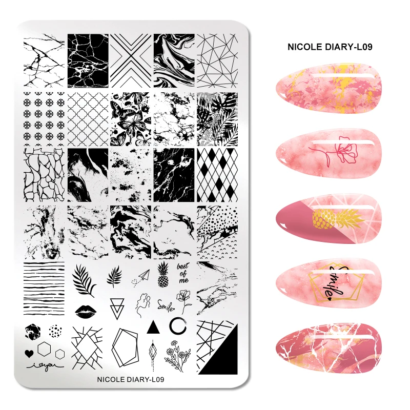 Штамповочные пластины NICOLE DIARY для ногтей мраморный рисунок огня шаблон из