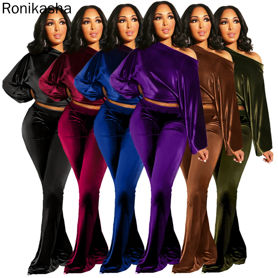 

Ronikasha Women New Fall Two Piece Pants Set 2021 Velvet Slash Neck Long Sleeves Tops Fashion Flare Pants Lady Nightclub Suit
