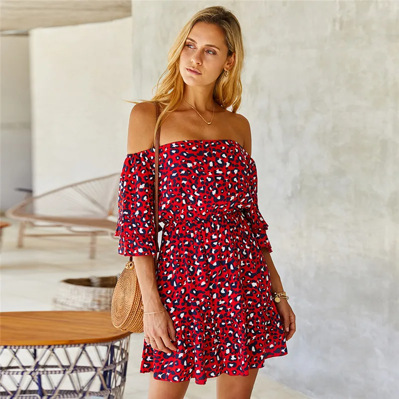 Новинка леопардовое платье с открытыми плечами женское Элегантное летнее