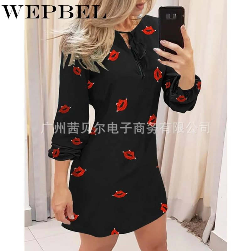 

WEPBEL Women Autumn Elegant Dress Casual Ladies Long Sleeve V Neck Butterfly Print Bandage Mini Dress Evening Dress