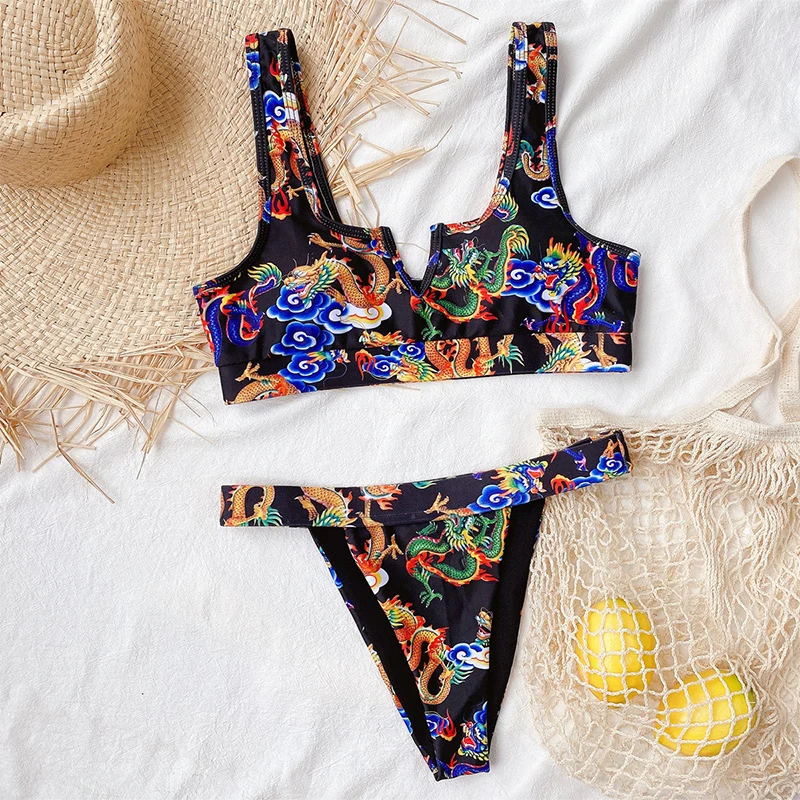 Peachtan Dragon print bikinis 2020 mujer Bandeau swimsuit women 2 pieces High cut swimwear female Vintage bathing suit Biquini | Женская