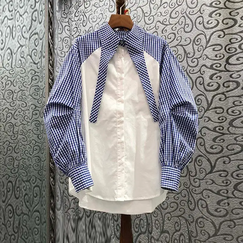 

VANOVICH 2021 Turn-down Collar Stitching Plaid Loose Shirt Long Sleeve Patchwork Ladies Tops Buttoned Shirt Fall