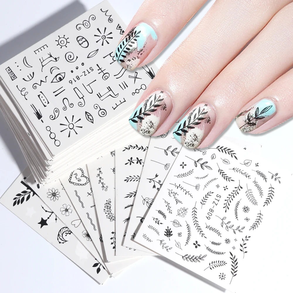 68 шт. черный 3D дизайн ногтей слайдеры водяные знаки наклейки цветы лист Геометрия
