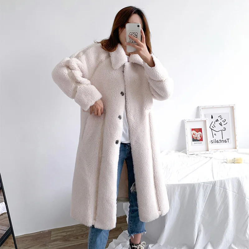 Sheep shearing coat pink women's new cardigan wool composite fur one medium long coat lamb wool fashion versatile fur coat