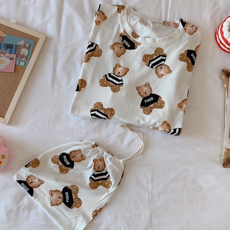 Korean Pajamas Set for Women Sleepdress Cartoon Bear Nightgowns Anime Girls Home Suit Long Sleeve Spring Autumn Pijama Ladies