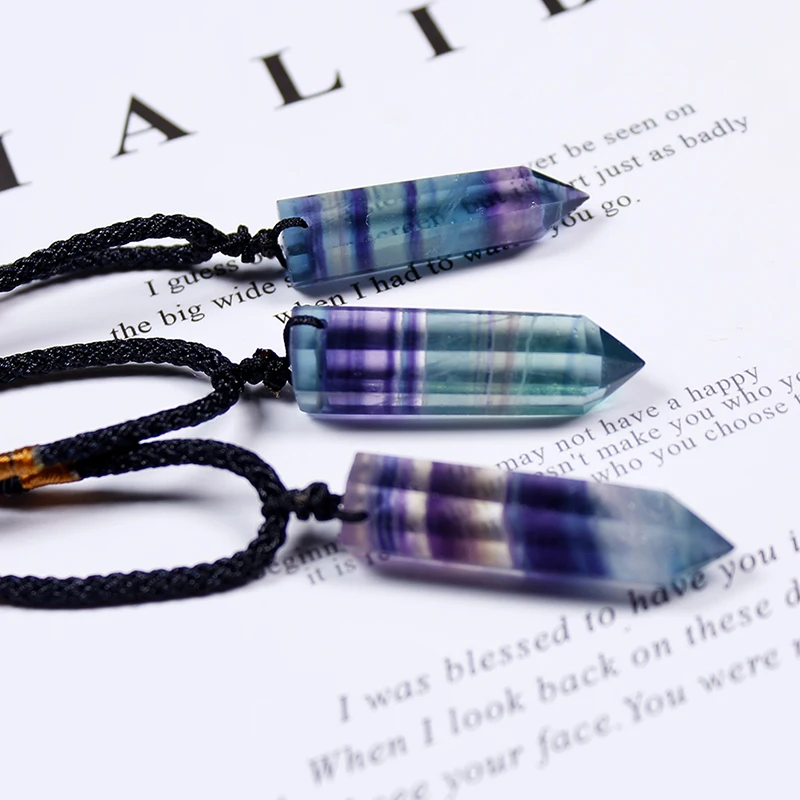

1pc Natural Stones Pendant Fluorite Crystal Point Colorful Striped Hexagonal Quartz Wand Column Decorative Healing Necklace