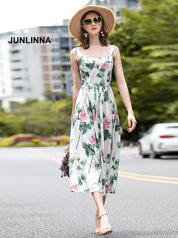 

Spaghetti Strap Printing Dress Cotton Blending 2021 Summer New Women Expansion Dresses Sliming Holiday Vestidos