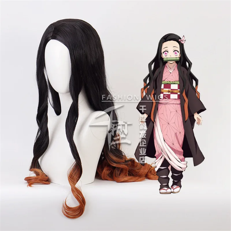 Long Demon Slayer Nezuko Kamado Cosplay Wigs Kimetsu no Yaiba Heat Resistant Hair Cosplay Costume Wigs 105cm