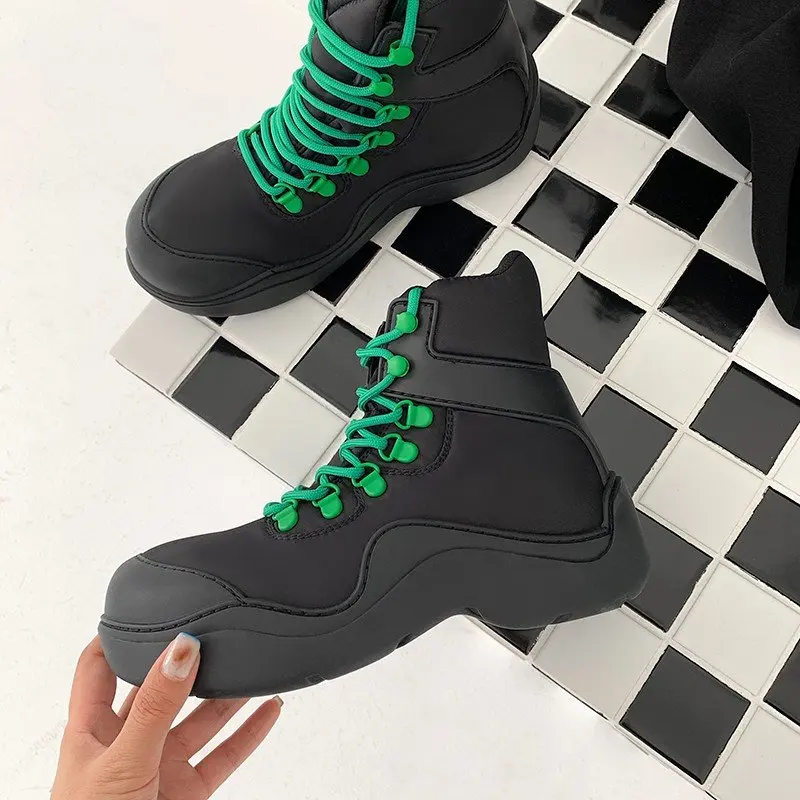 Женские Зеленые повседневные ботинки осенние модные черные кожаные на платформе