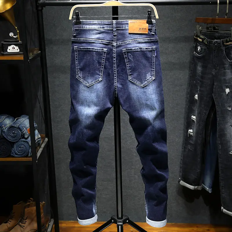 2021new elastic jeans men's and teenagers' casual pants Korean version slimmed down men's trousers blue pants clothing fashion