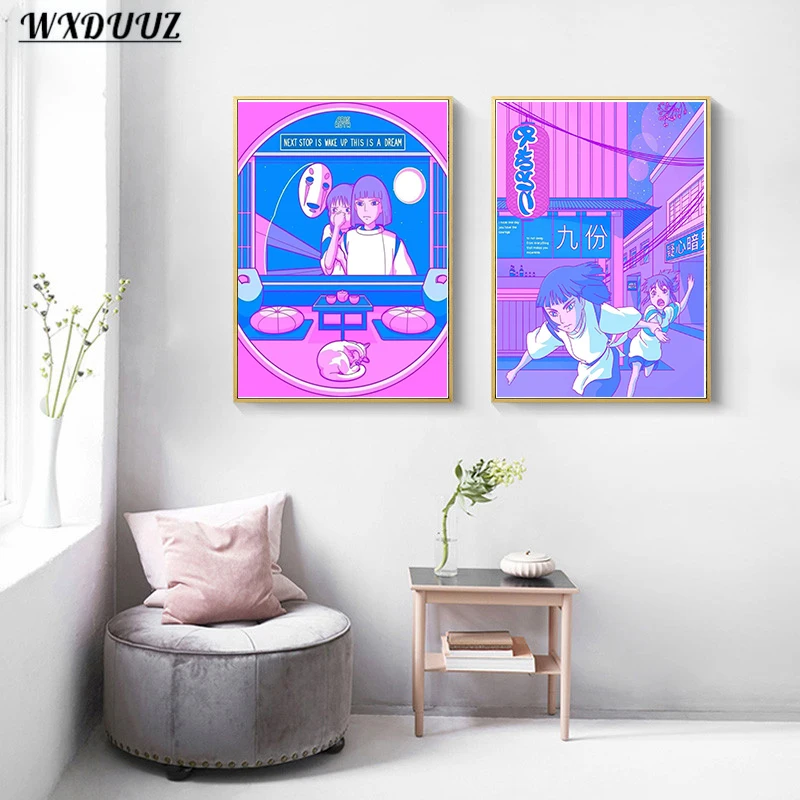 Постер в стиле вейпорвейв 80-х Аниме Миядзаки Хаяо неоновая картина с