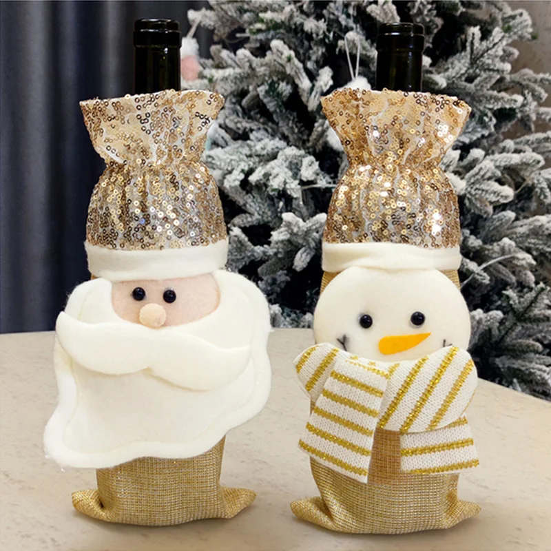 Рождественский чехол для винной бутылки с золотыми блестками Дед Мороз Снеговик