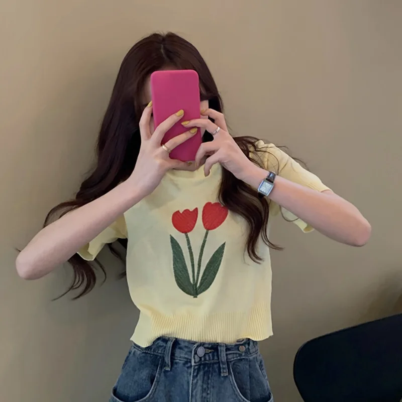 Летняя женская футболка одежда топы с принтом букета вязаная коротким