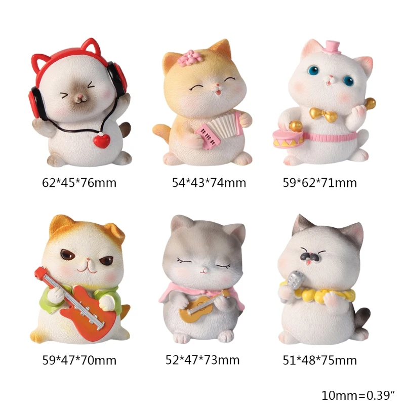 

E9LD Cute Band Mini Cats Figure Animal Sculpture Ornaments Cupcake Toppers Resin Crafts Cats Statue Decoration