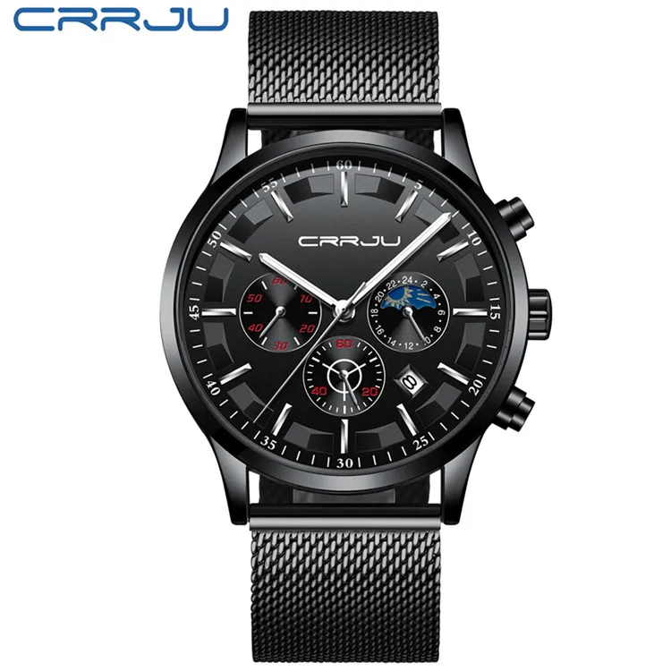 M Black Silver CRRJU мужские часы Топ бренд Роскошные Модные Бизнес Кварцевые часы мужские спортивные полностью стальные водонепроницаемые черные часы Relogio Masculino - Цвет: M Black Silver