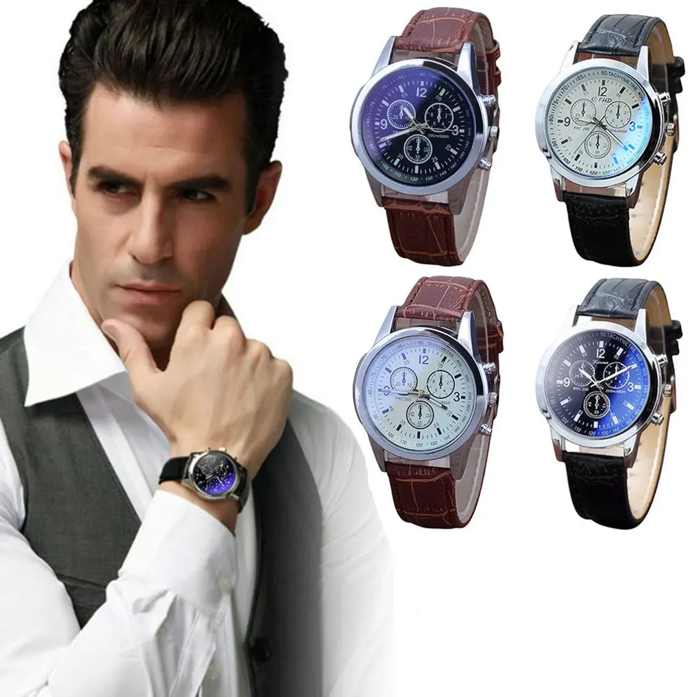 

Top Luxury Brand Men Watches Fashion Faux Leather Men Blue Ray Glass Quartz Watch Casual Males Business Watch