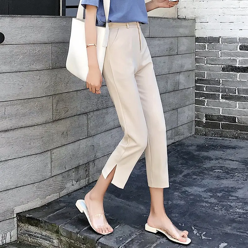 TingYiLi корейский стиль летние женские Костюмные брюки с высокой талией бежевые