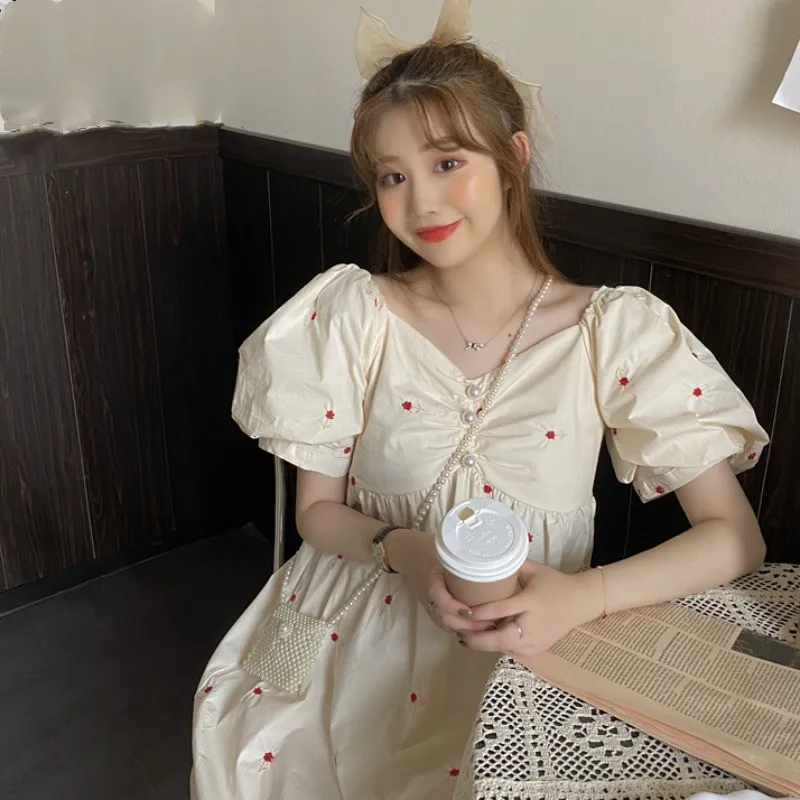 

KUSAHIKI Sweet Puff Short Sleeve Dresses Korean Square Collar Beads Printing Vestidos 2021 Spring Summer New Women Dress 6F215