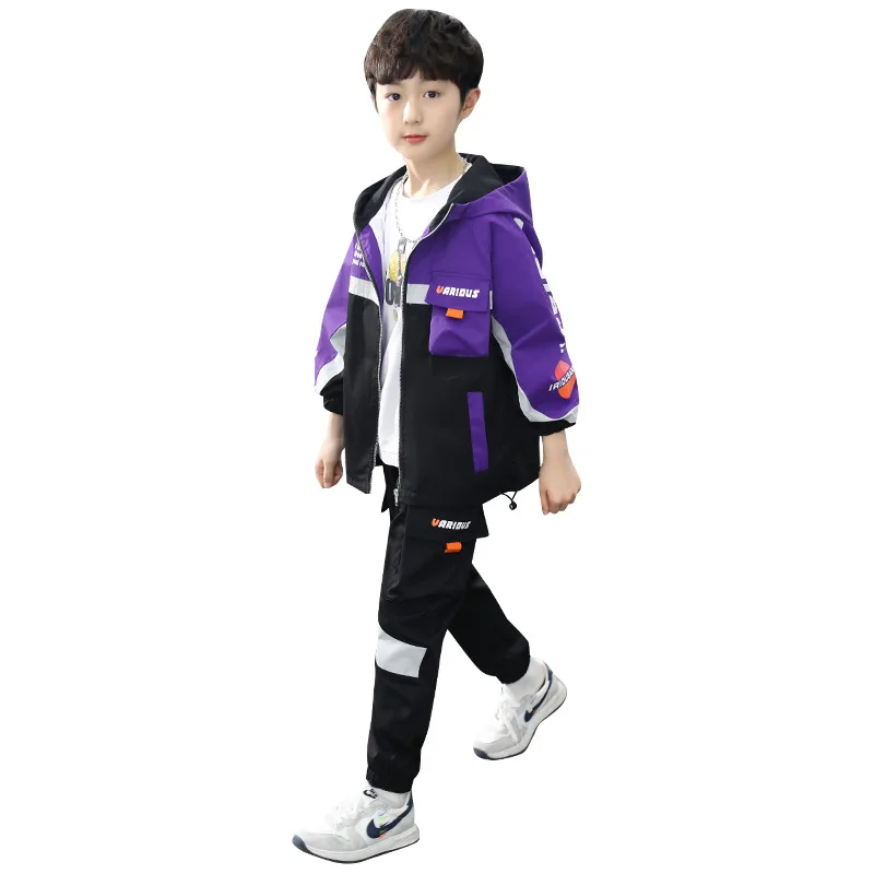 

New Boys Spring Jacket +pants Set Children Long Sleeve Hooded Active Windbreaker Teenage Clothes Big Boys Sport Coat Boys Outwea