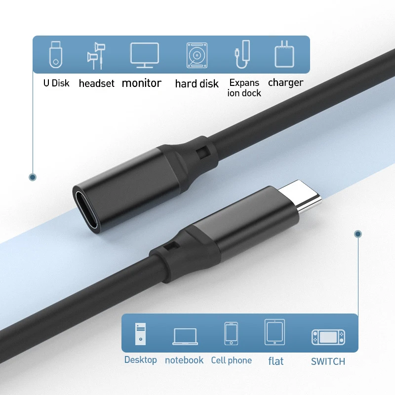 HD 4K 60Hz PD 5A USB3.1 Type-C Extension Cable 100W USB-C Gen 2 10Gbps Extender Cord For Macbook Nintendo Switch SAMSUNG Laptop |