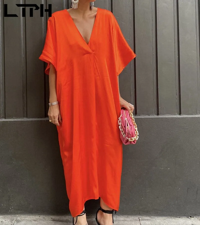 

LTPH simple loose midi dress women generous V-Neck solid all-match vintage robe elegant casual satin dresses 2021 summer new