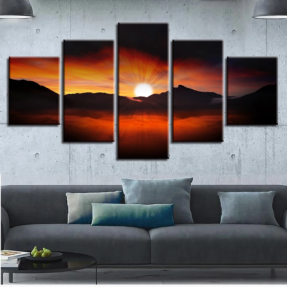 

Home Decor Canvas Painting 5 Pieces Tree HD Prints Mountain Wall Art Sunset Modular Pictures Bedside Background Artwork Poster