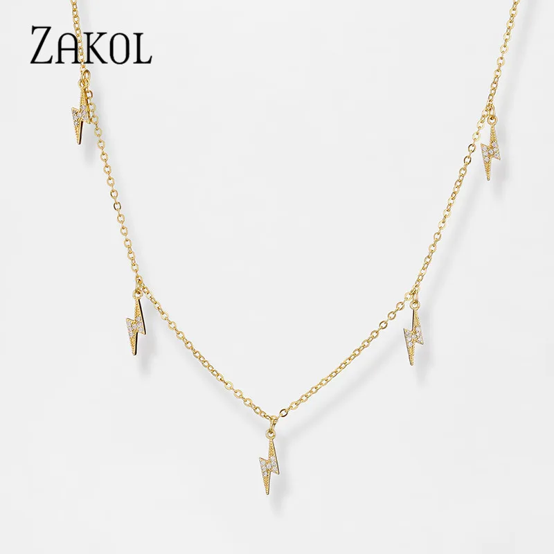 

ZAKOL Trendy Cubic Zirconia Cz Choker Charm 5 Ligtning Pendant Necklace for Women Wedding Gift Jewelry 2021