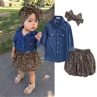 3 шт., джинсовая рубашка с длинным рукавом, юбка с леопардовым принтом и повязка на голову
