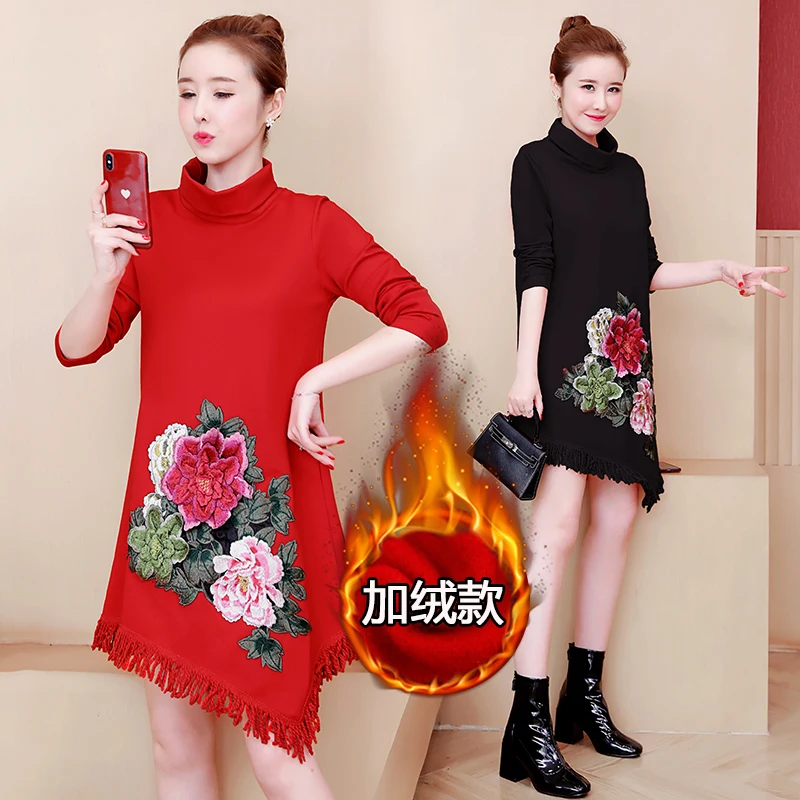 Женское большое плюсовое платье с термоизоляцией размер L-5XL с вышивкой XXL XXXL 3XL XXXXL 4XL для сохранения тепла в зимний и осенний периоды, свободный фасон блузок и платьев.