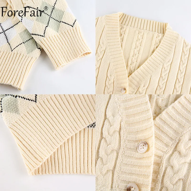 

Forefair V Neck Long Sleeve Plaid Single Breasted Cardigan Women Sexy Short Sweaters Tops Casual Autumn Winter Chic Knit Sweater