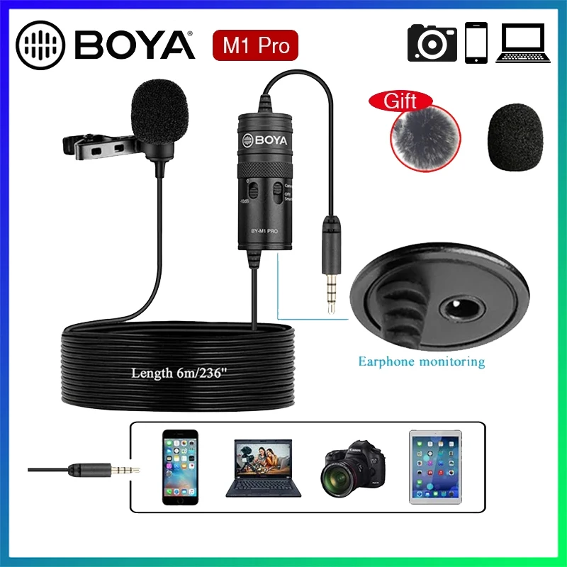 

Microphone BOYA BY M1 Pro 6m Clip-on Lavalier Mini Audio 3.5mm Collar Condenser Lapel Mic for Smartphone DSLR Camcorder