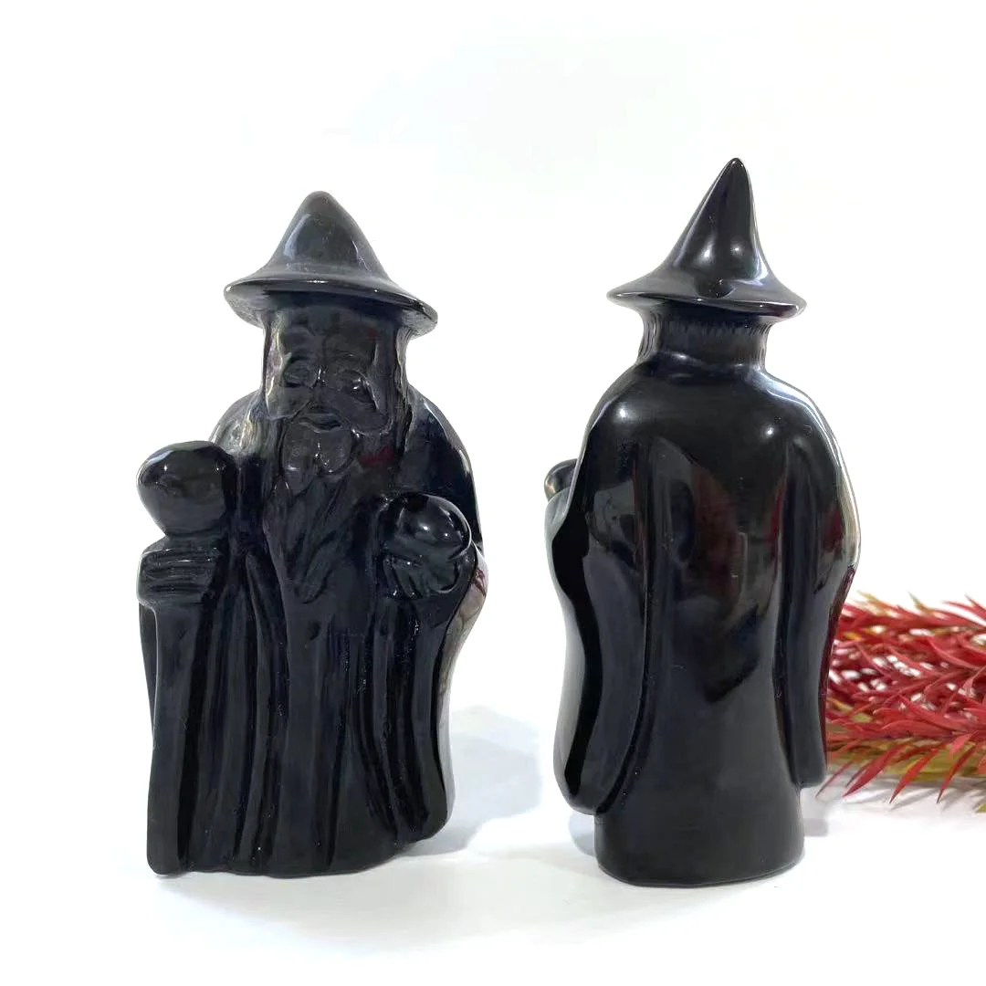 

Free Shipping Wholesale Natural Crystal Higt Quality Hand Carving Crystal Black Obsidian Wizard for geomantic omen and gifts YJL