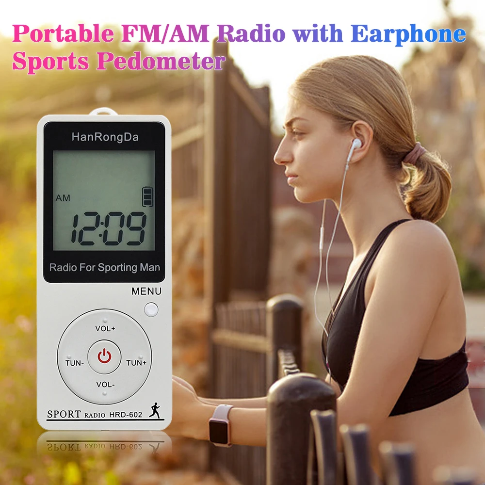 HRD-602 Portable Radio Receiver FM/AM LCD Display Lock Button Pocket with Earphone Sports Pedometer | Электроника