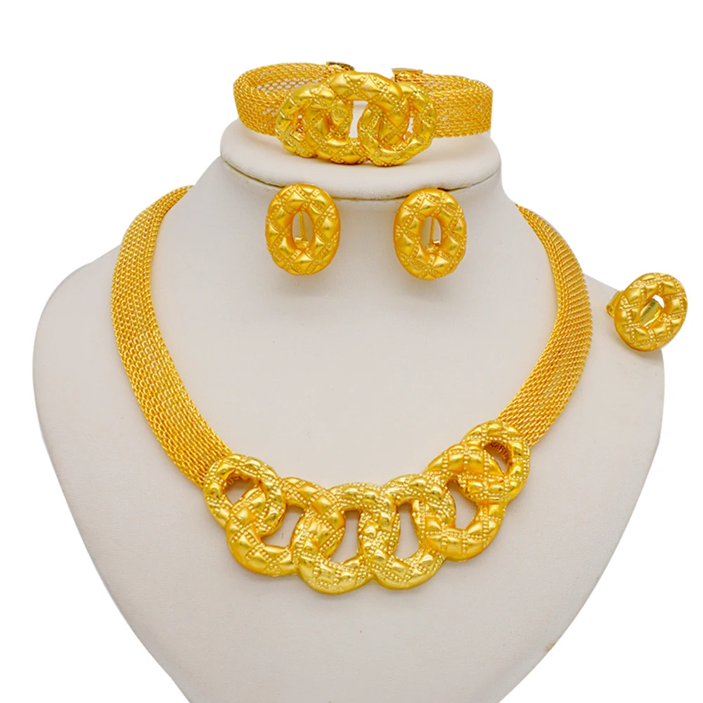 

Dubai African Jewelry Sets For Women Bridal Collares Indian 24K Gold Jewelery Nigerian Necklace Ring Earring Wedding Accessorie