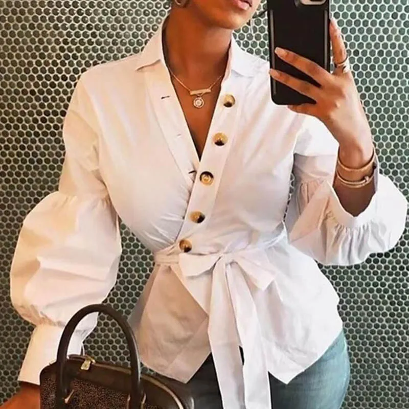 Женская блузка с надписью длинным рукавом-фонариком офисная для осени и зимы