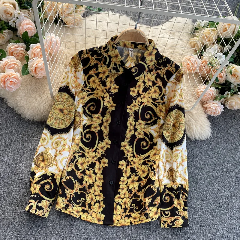 

Spring Autumn New Bohemian Retro Lapel Loose Thin Trend Printed Shirt