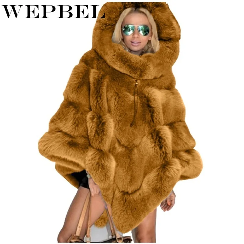

WEPBEL Women Winter Faux Fur Cape Coat Casual Lady Winter Thick Warm Outwear Hooded Fur Coats Jackets Pullovers