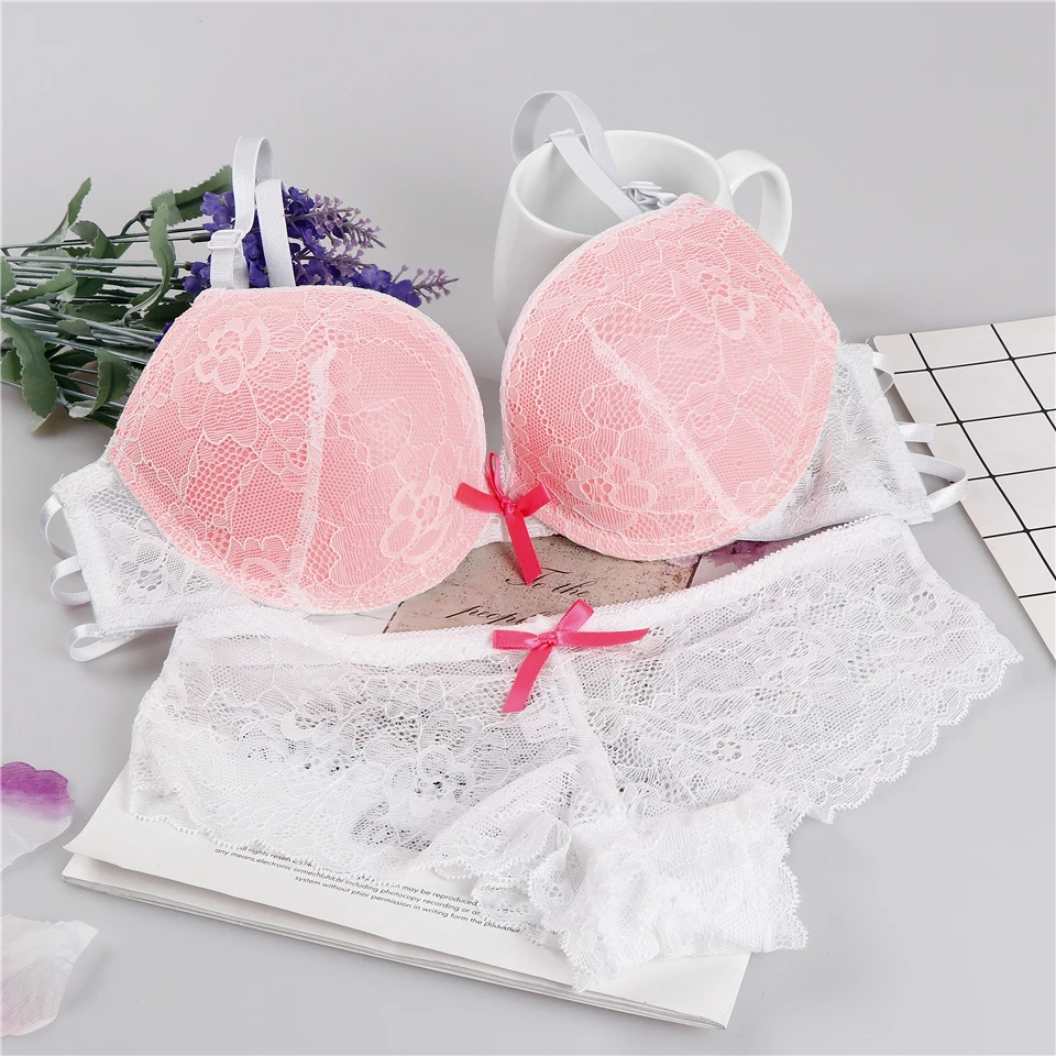 

Sexy Deep lingerie bra set Beautiful back lenceria bielizna damska komplety Cup AB lace top pink lace underwear set