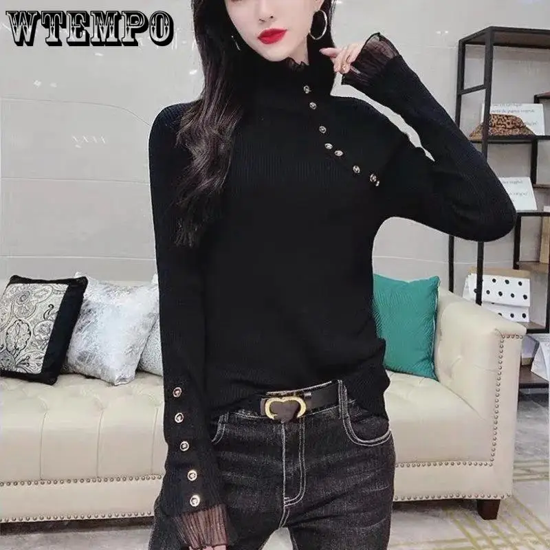 

2022 Autumn and Winter New Slim-fit Inner Knit Sweater Half High Neck Lace Stitching Button Sweater